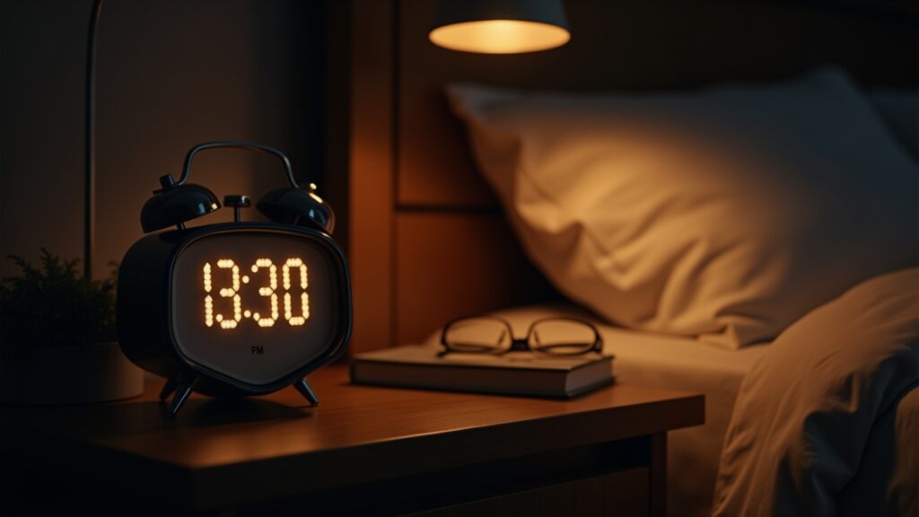 Clock on nightstand showing bedtime hour