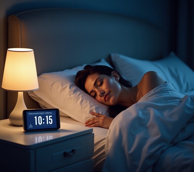 Person lying in bed with eyes closed and calm face