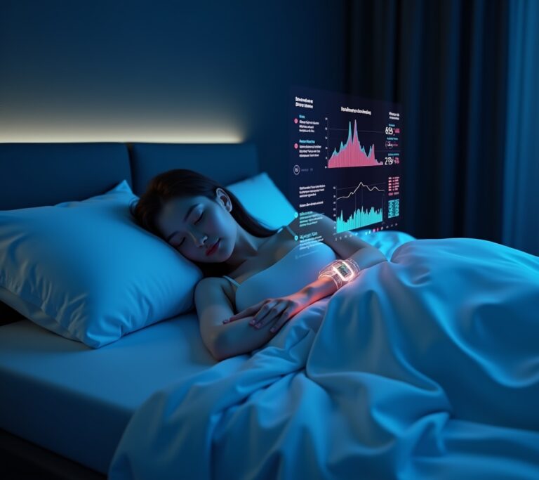 Person checking sleep data on phone in bed