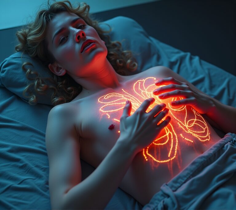 Person lying awake in bed staring at the ceiling