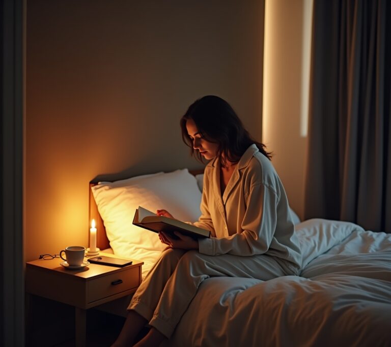Cozy bedroom with soft lighting and book on bed