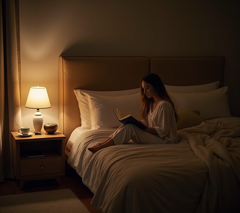 Dimly lit living room with book and warm light