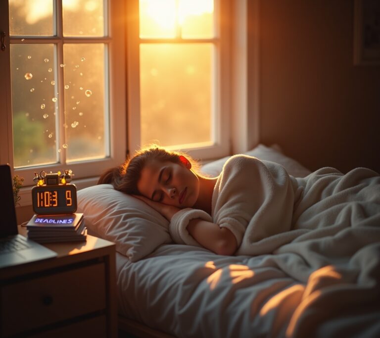 Exhausted person at desk with coffee cups around