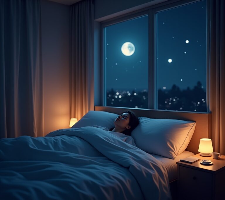 Person relaxing in dimly lit bedroom with warm lighting