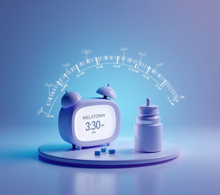 Melatonin supplement bottle on a nightstand