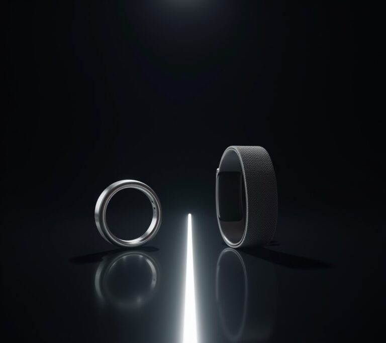 Oura Ring and Whoop band side by side on a surface