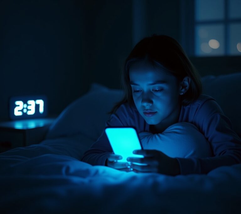 Person scrolling phone in bed in blue light glow