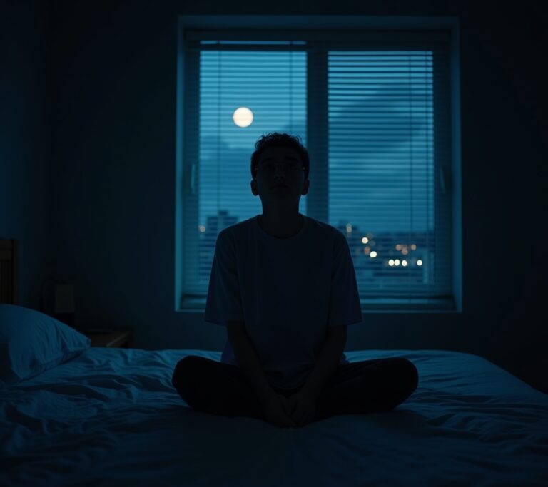 Person with racing thoughts illustrated at bedtime