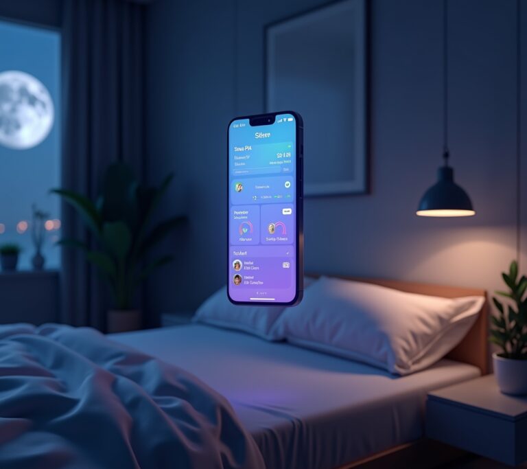 Phone showing a sleep app interface on nightstand