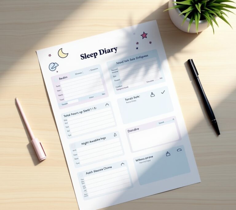 Open sleep diary with weekly entries on a desk