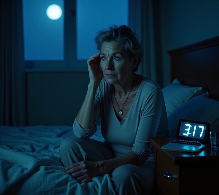 Middle-aged woman awake in bed at night