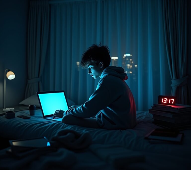 Young adult in bed with phone and laptop at night