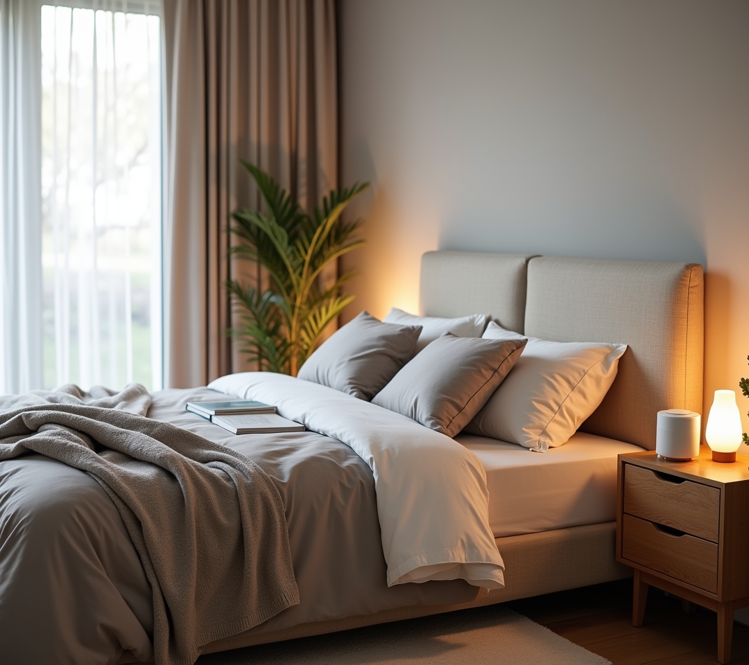Serene bedroom with neutral tones and soft lighting